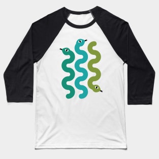 Squiggly Snakes on White – Retro 70s Wavy Snake Pattern Baseball T-Shirt